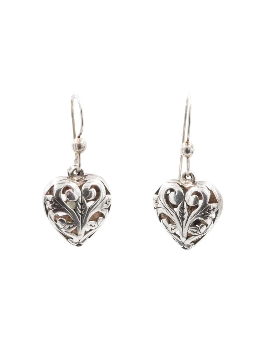 Bali Inspired Sterling Silver Scrollwork Heart Dangle Earrings  1 1/4 Inches